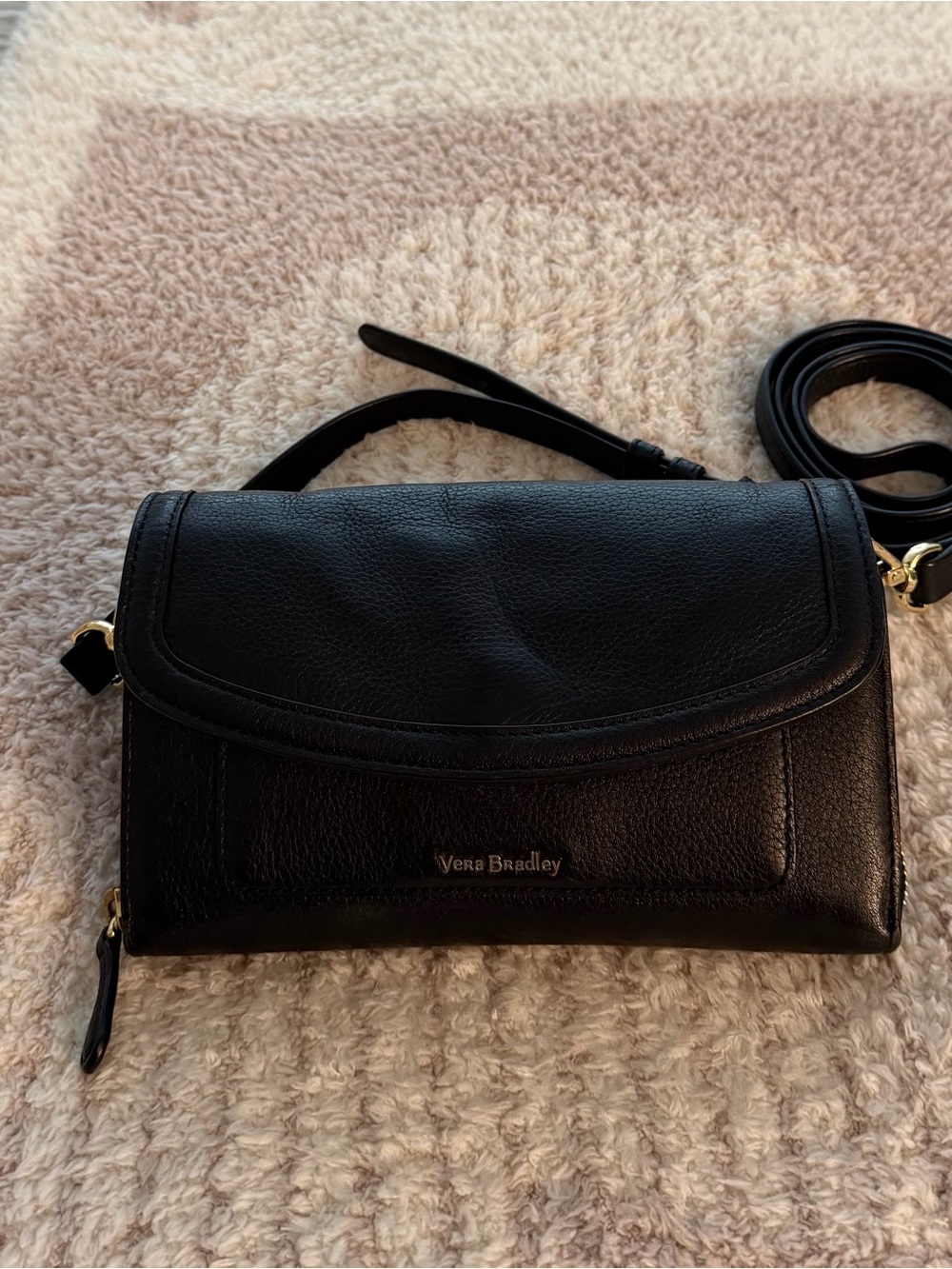 Vera Bradley Black Leather Crossbody Organizer Bag Floral Lining